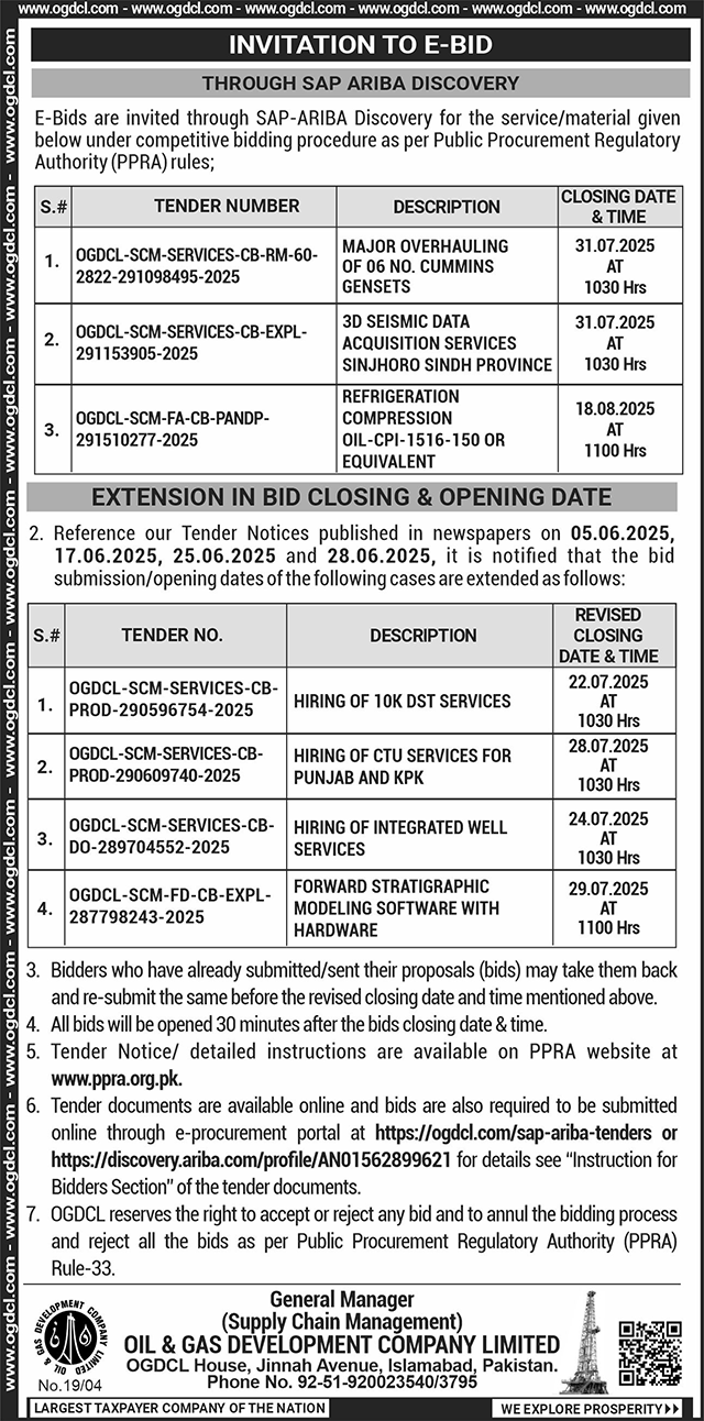 Oil & Gas Development Company Limited Islamabad Tender Notice